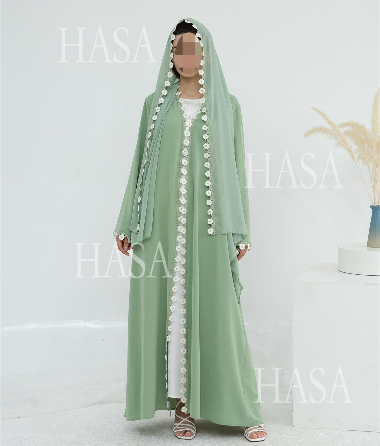 LM6616 Green Flower Stitching Cardigan Two-Piece Set (Including Headscarf)