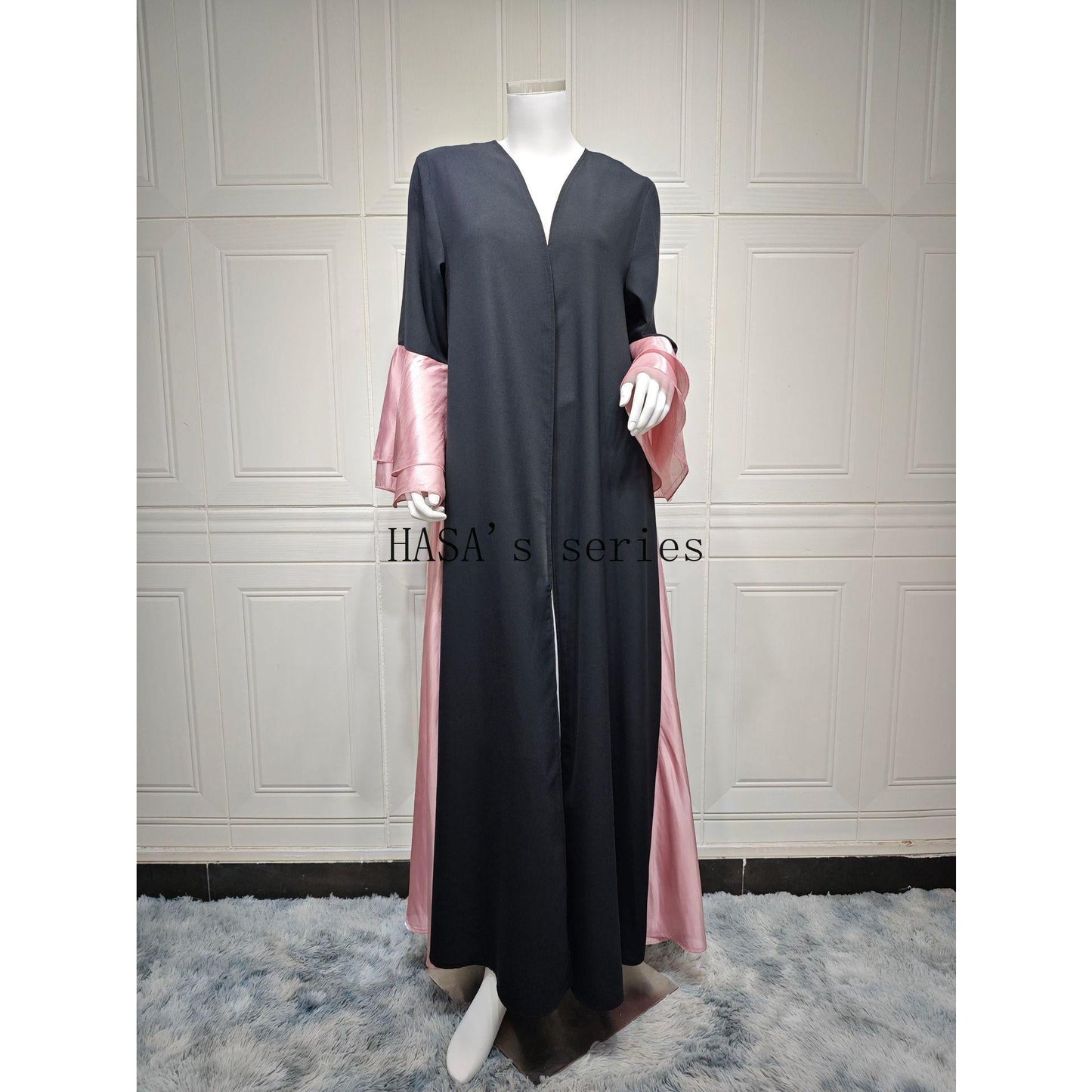 LUMAYA5106 A Soft and Elegant Long Satin Dress with Classic Design and Ruffled Sleeves.