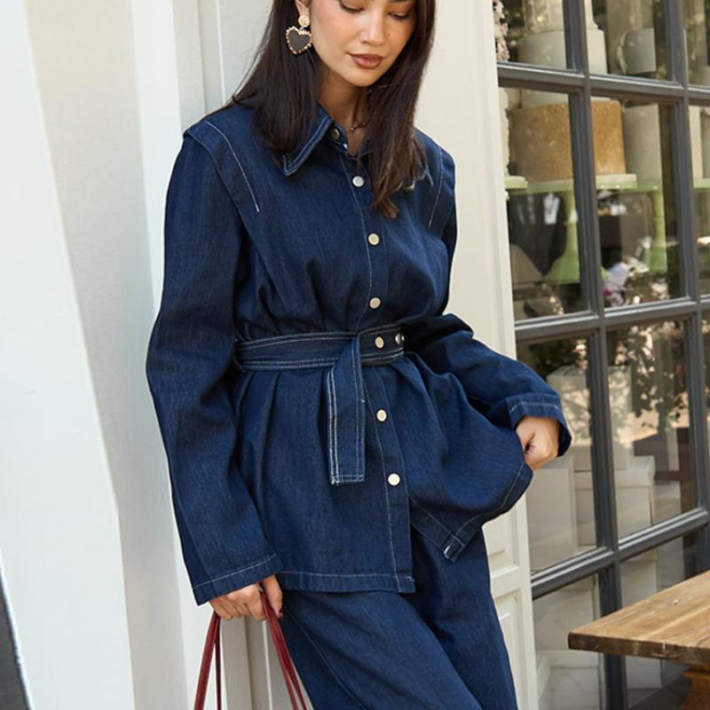 LM5890 Completo in Denim Lavato Primaverile Per Donne Con Cintura, Giacca Monopetto A Maniche Lunghe E Pantaloni A Vita Alta