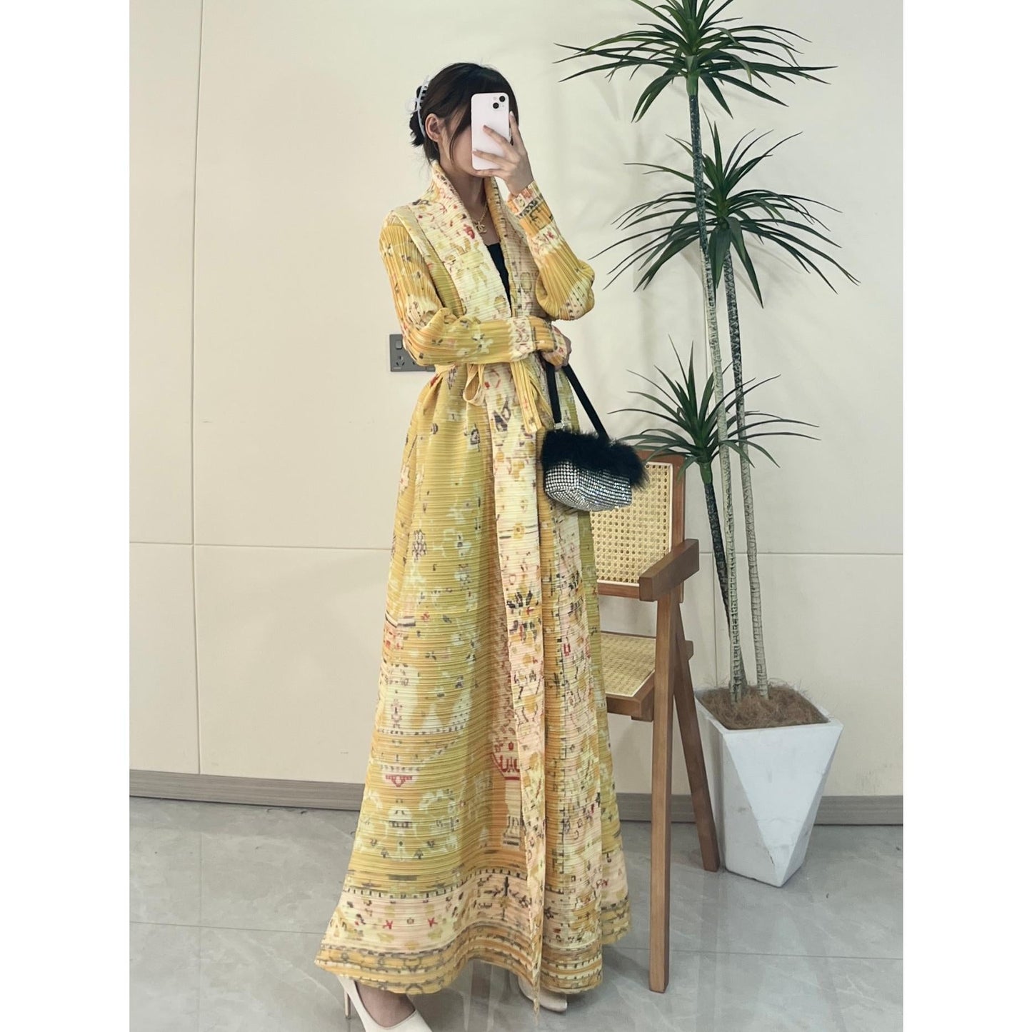 LUMAYA5843 Retro Warm Yellow Floral Textured Open-front Long Coat