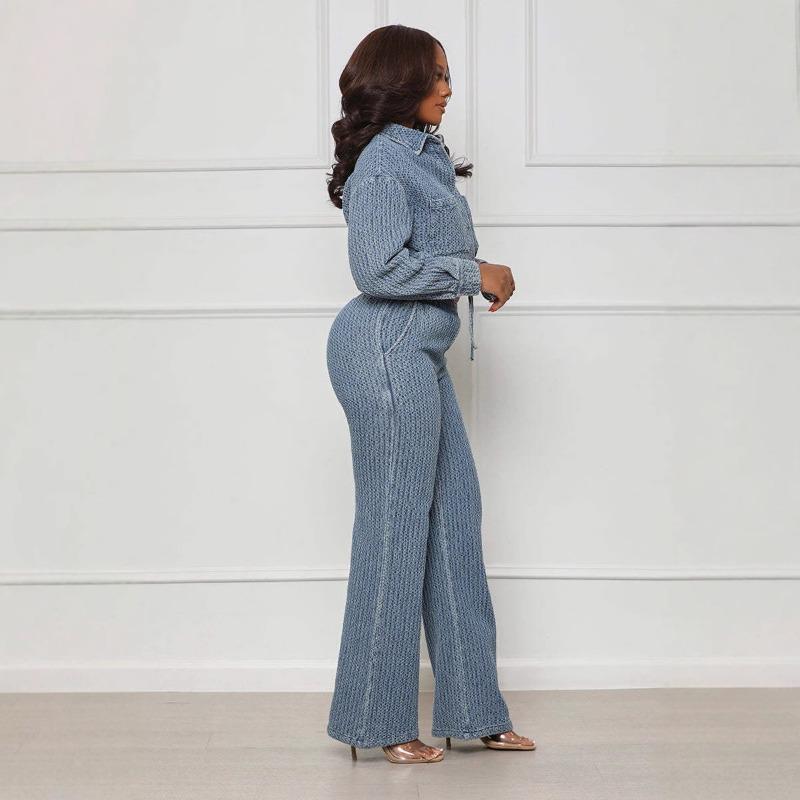 LM6303 Fashion, Long Sleeve Pants, Denim Women's Two-piece Set