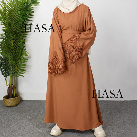 LUMAYA LM0303 3D Embroidery Sleeves with Two Sides Pocket and Nursing Zippers Solid Abaya