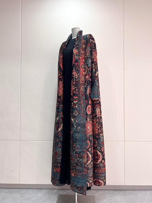 LUMAYA5837 Intricately patterned, long open-front coat (with belt)