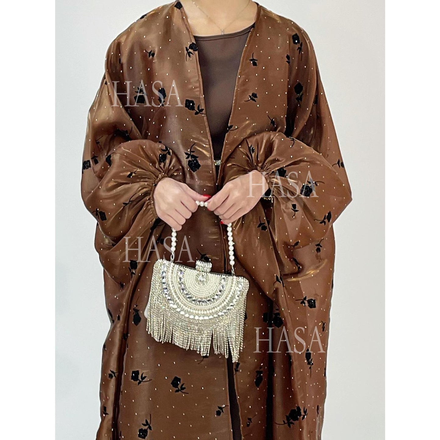 LUMAYA6536 Elegant Rose Pattern Abaya Outer Dress Set
