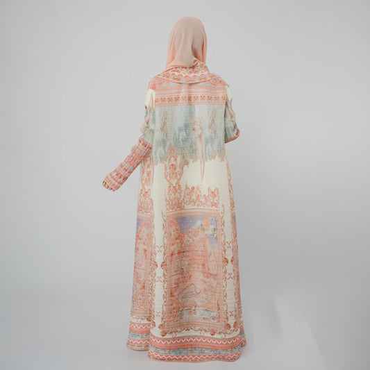 LUMAYA5839 Light-colored, Vintage-patterned, Long Open-front Coat (with Belt)