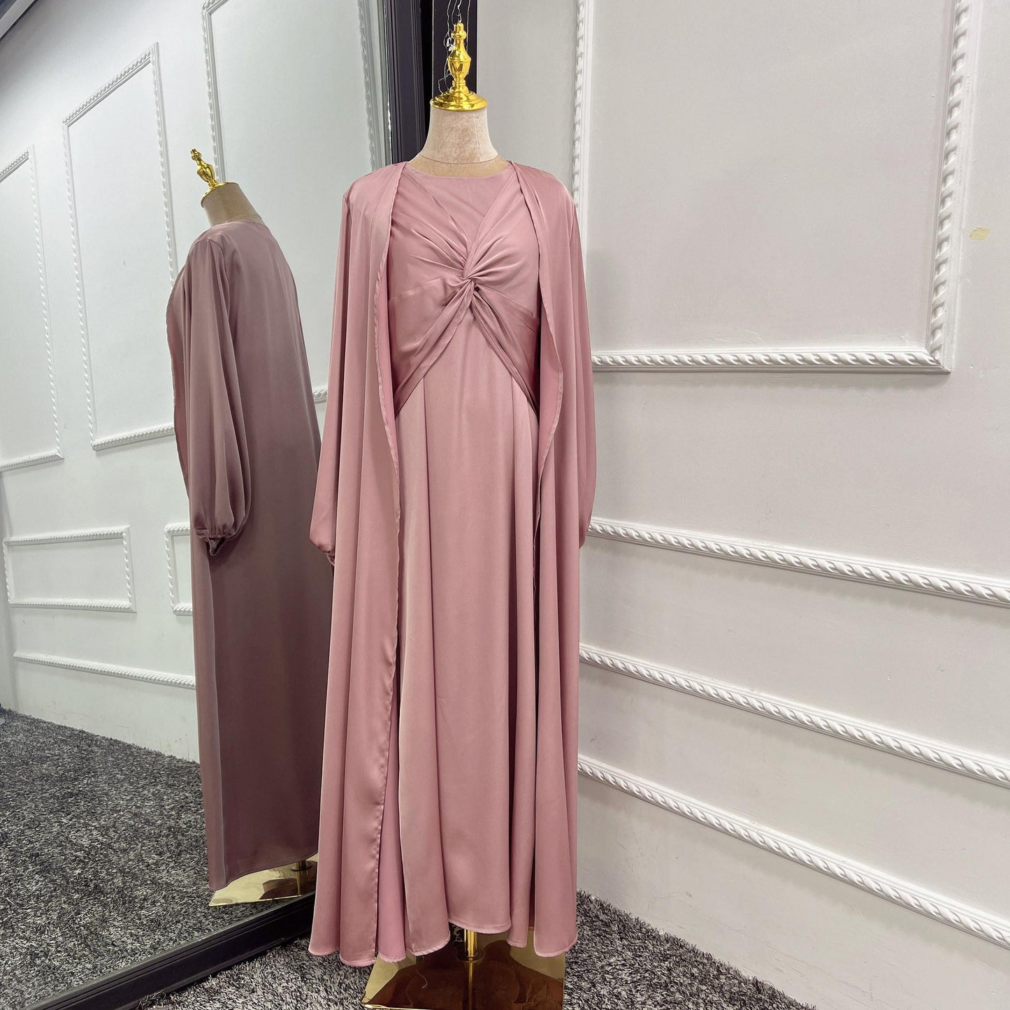 LUMAYA10061 Fashion solid colour two-piece dress cardigan set Abaya