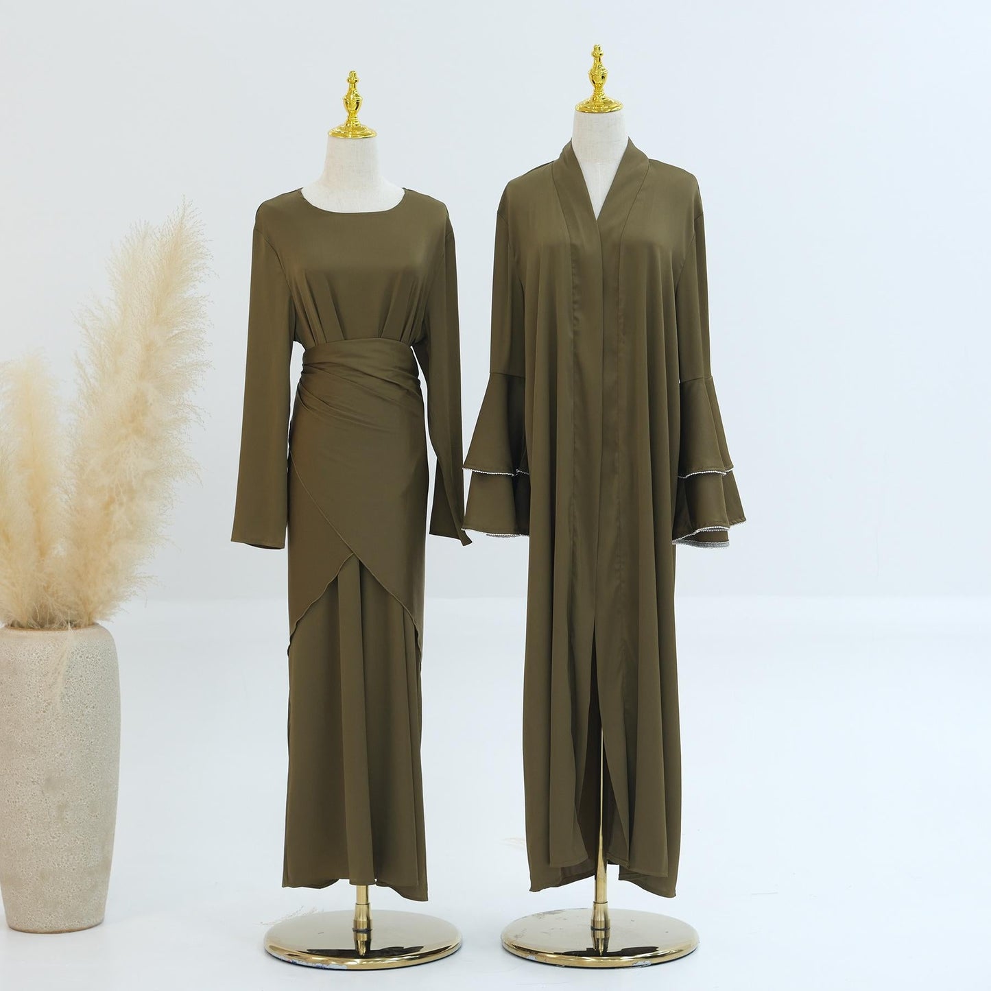 LUMAYA LM1188 3pcs Set Satin Cardigan+Inner Dress+Special Belt