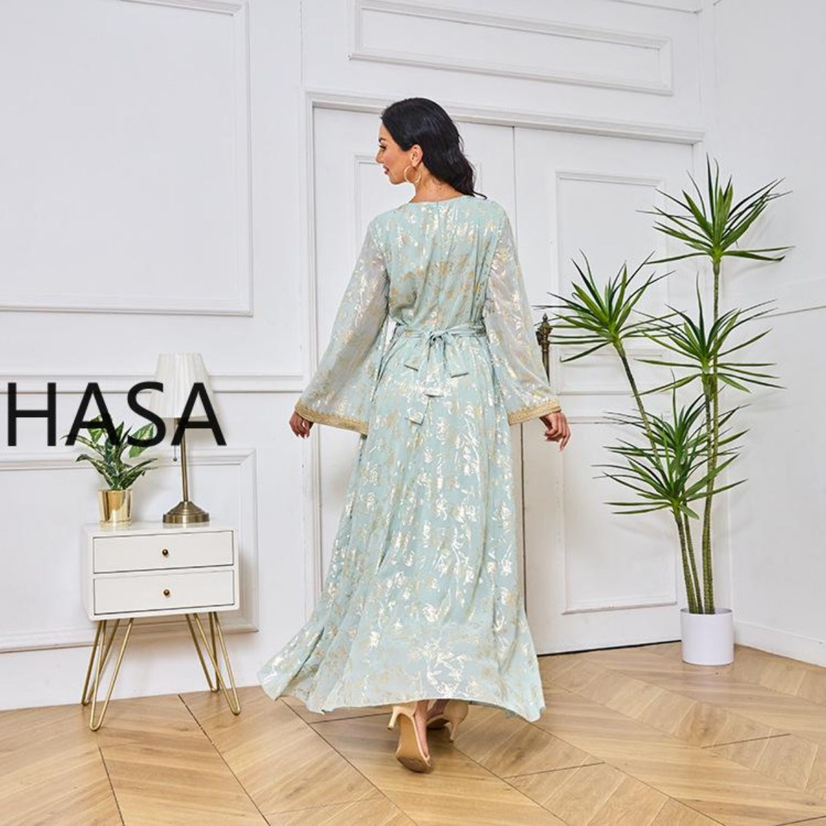 LM1249 Elegant Floral Abaya with Golden Detailing
