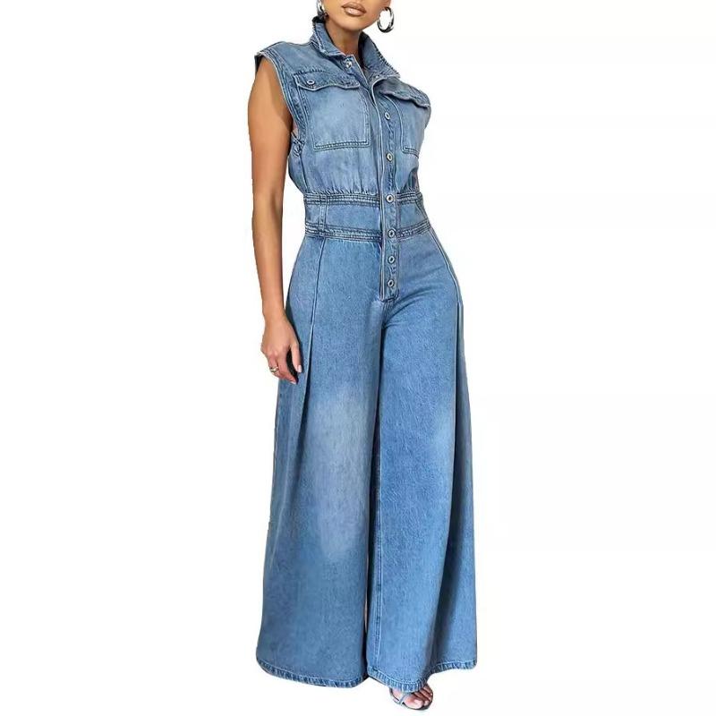 HASASERIES HS6399 Women's New Casual Sleeveless Denim Jumpsuit with Wide Legs