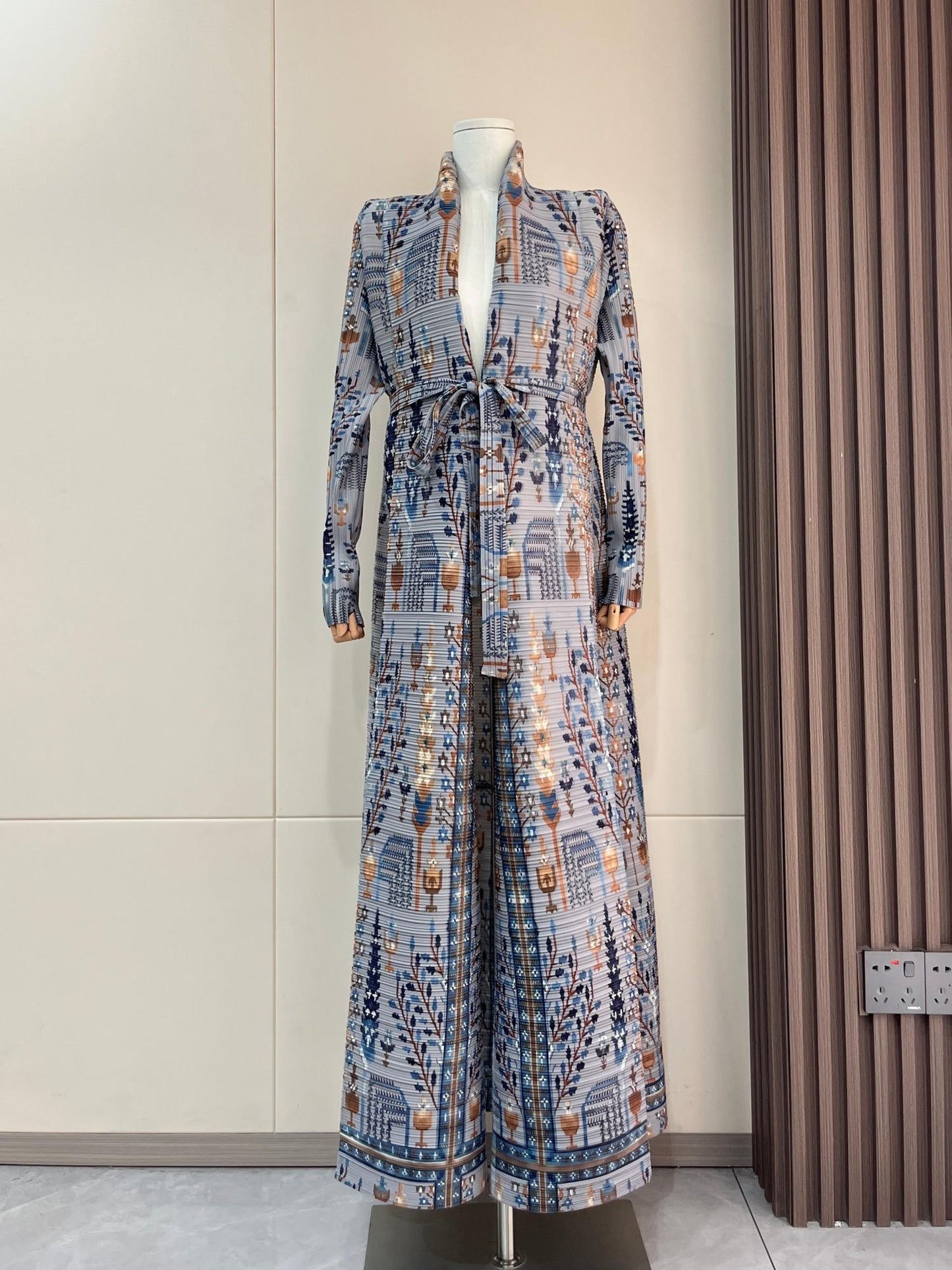 LUMAYA5842 Vintage-style Textured Open-front Long Coat