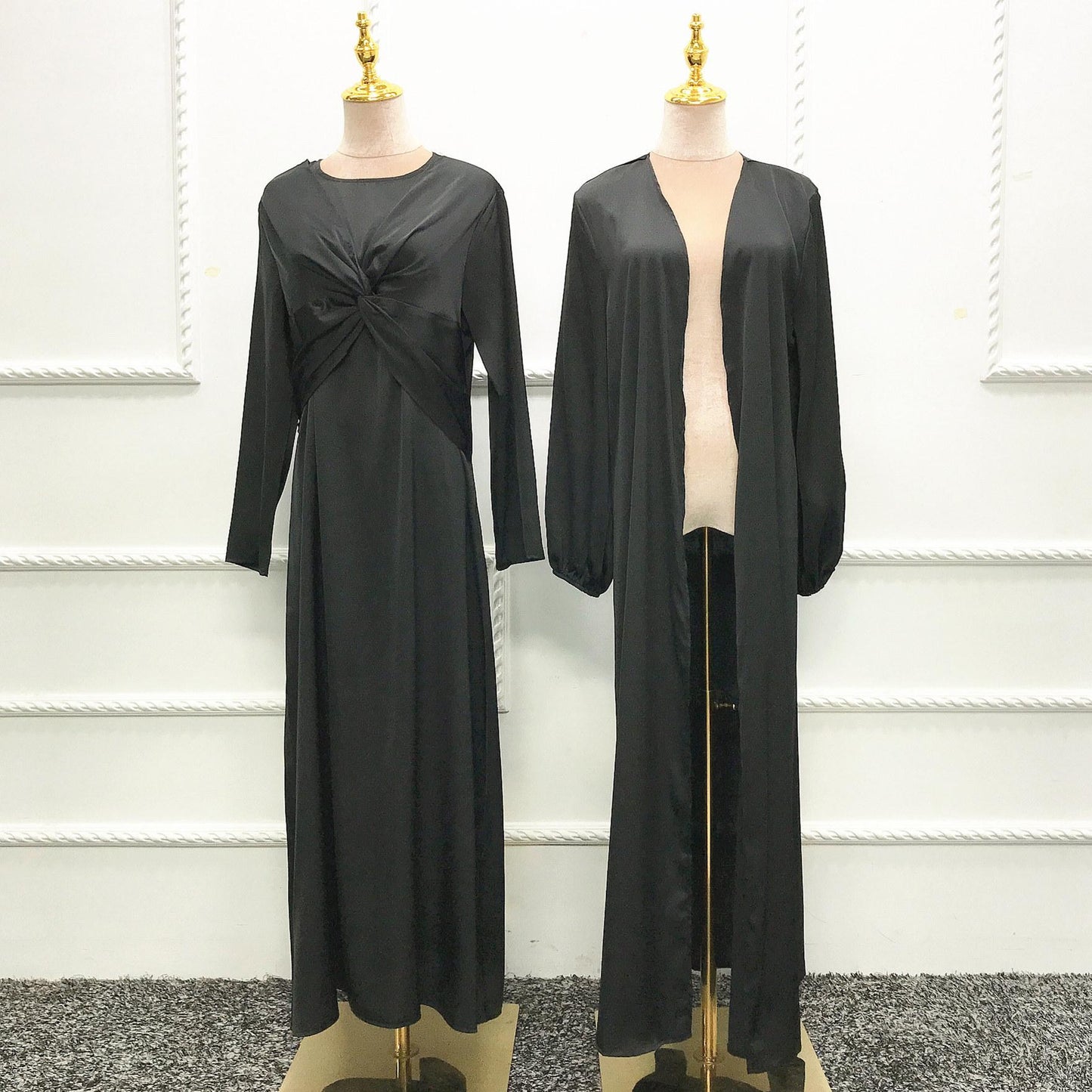 LUMAYA10061 Fashion solid colour two-piece dress cardigan set Abaya