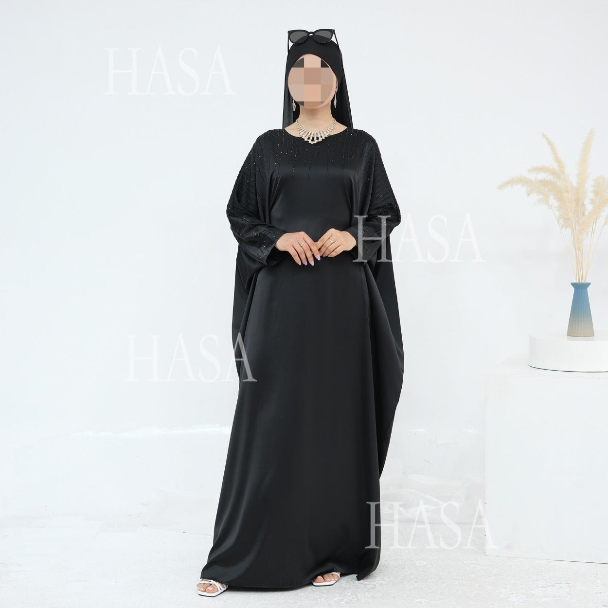 LM6610 Rhinestone-embellished long Abaya dress (headscarf not included)