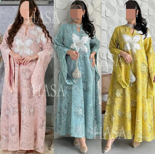 LM6639 Floral Appliqué Embroidered Long Dress