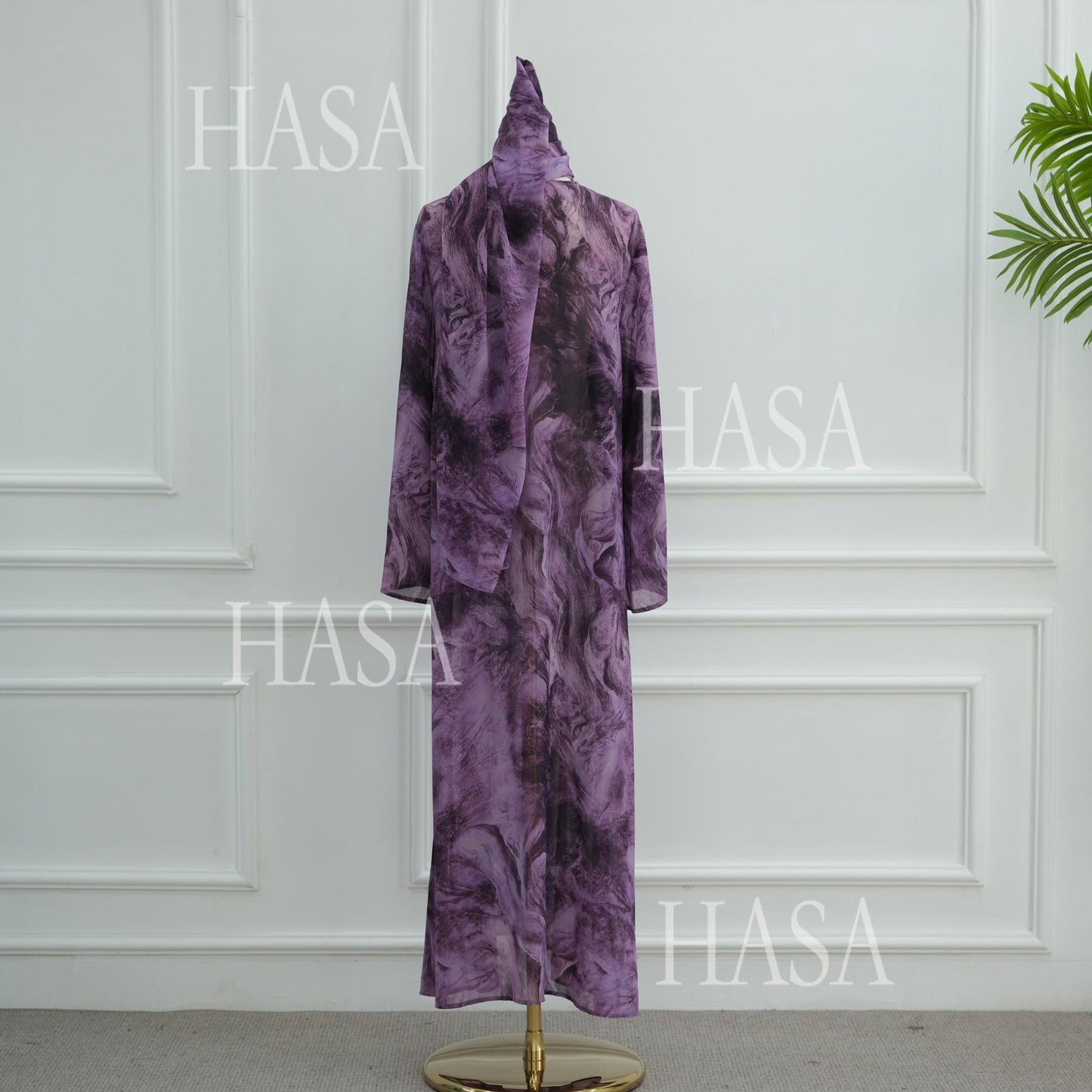 LUMAYA6551 Printed Abaya Cardigan with Matching Scarf Two-Piece Set