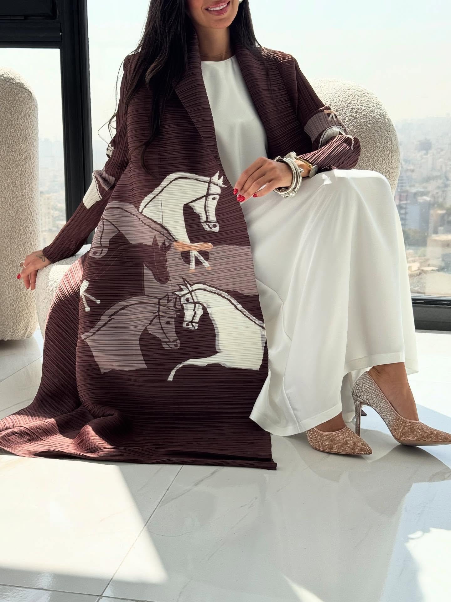 LUMAYA6718 Questrian Elegance | Brown Abaya with Horse Motifs