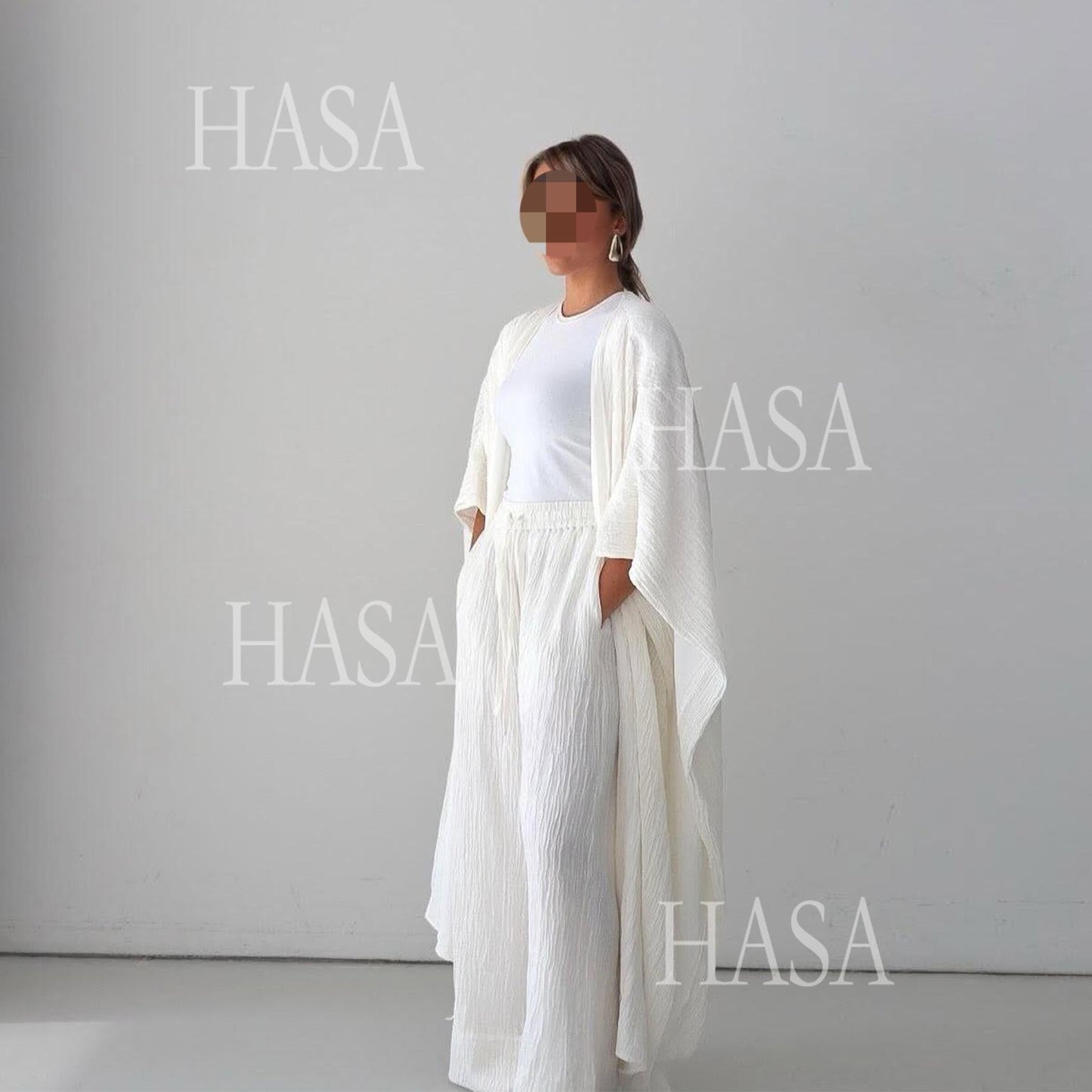 LUMAYA6486 Simple Cardigan with Wide-leg Pants, Solid Color Daily Two-piece Suit