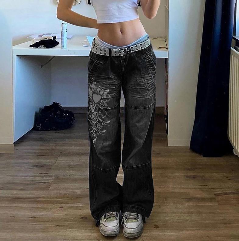LUMAYA6382 Street Style Women's Clothing Irregular Printing Loose Trousers Low Waist Folds Washed for Old Multi-colored Jeans
