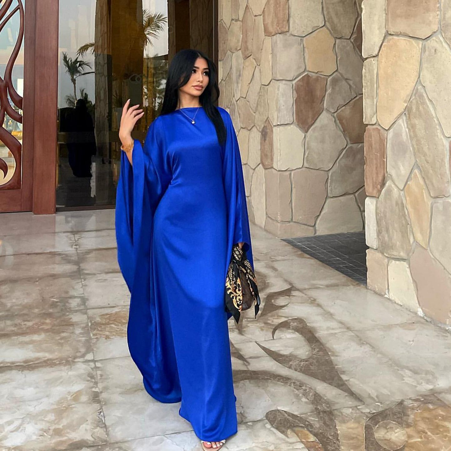 LM1504 Satin Batwing Sleeve Kaftan with Inner Belt