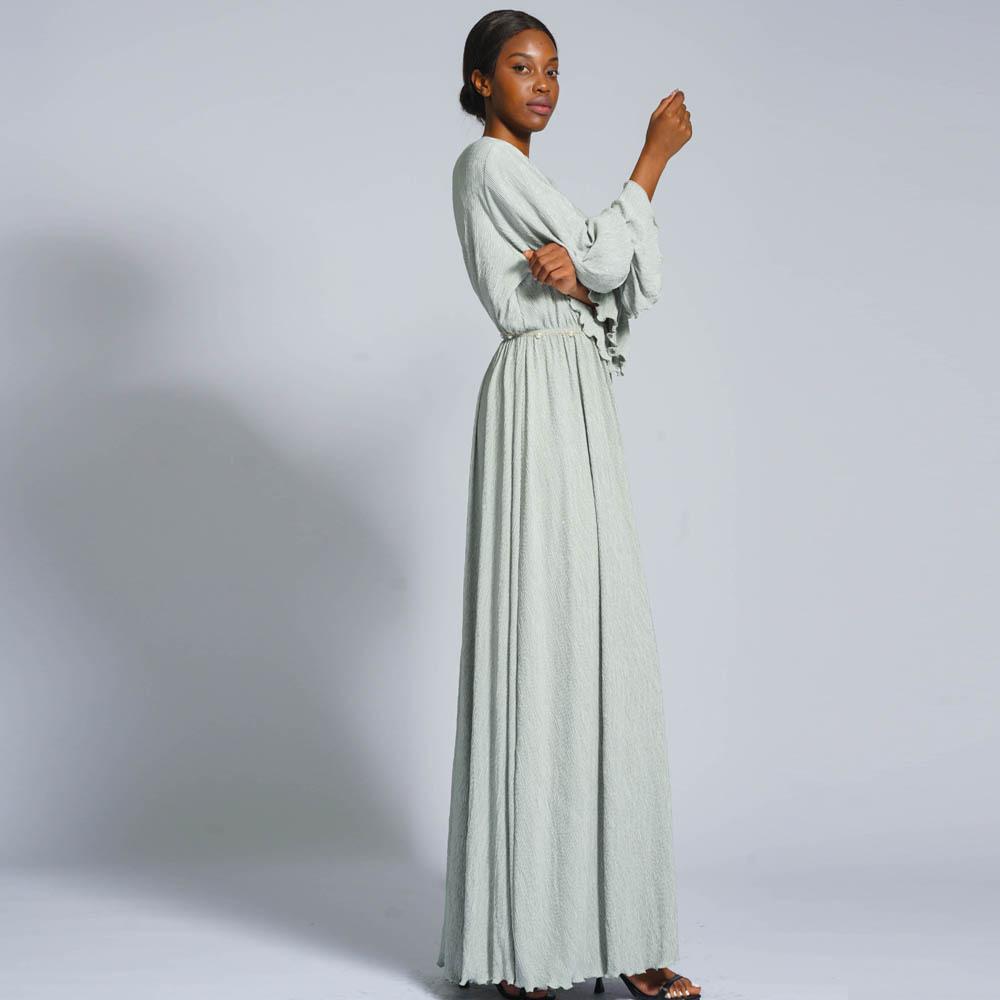 LUMAYA0434 Muslim Ladies Stretch Crumpled Sprinkle Gold Dress Solid Color Bell Sleeve Long Dress