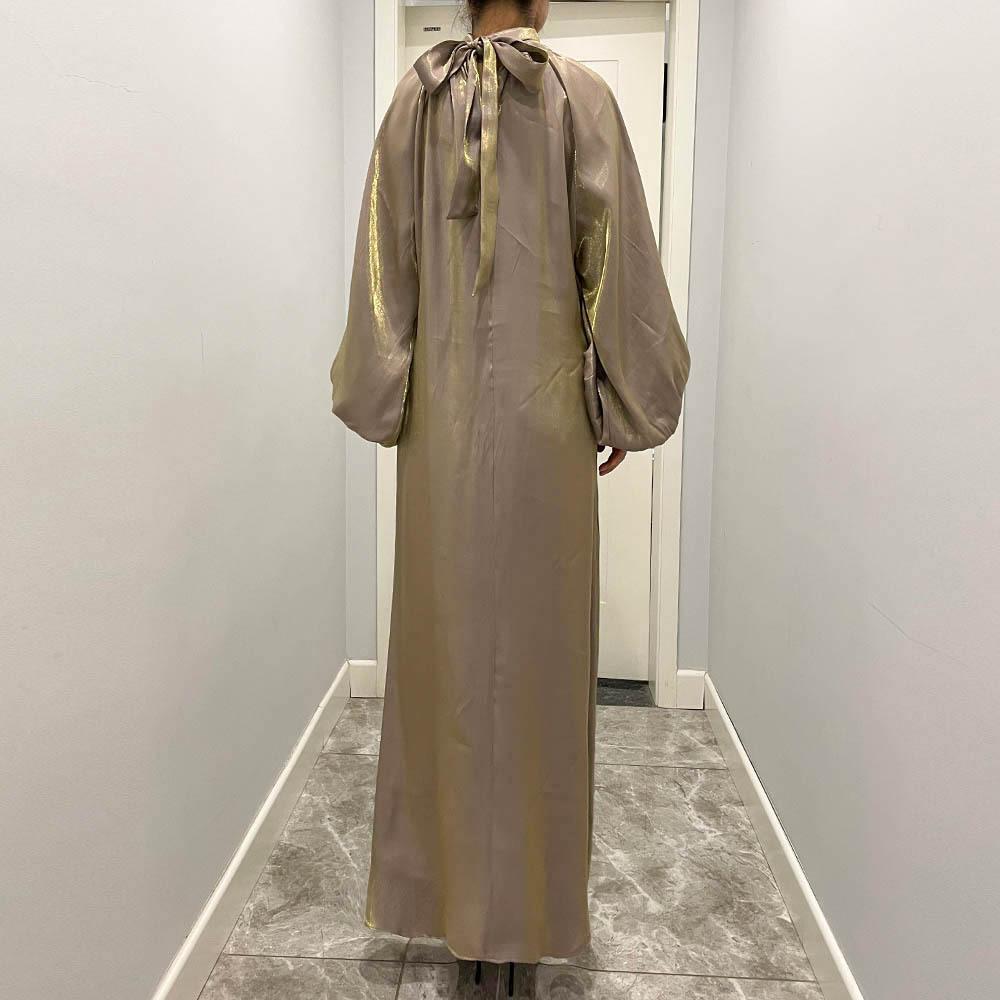 LUMAYA10043 LUMAYA  Large Lantern Sleeves Long Bright Silk Dress Stand Up Collar Back Tie Women's Dress Abaya
