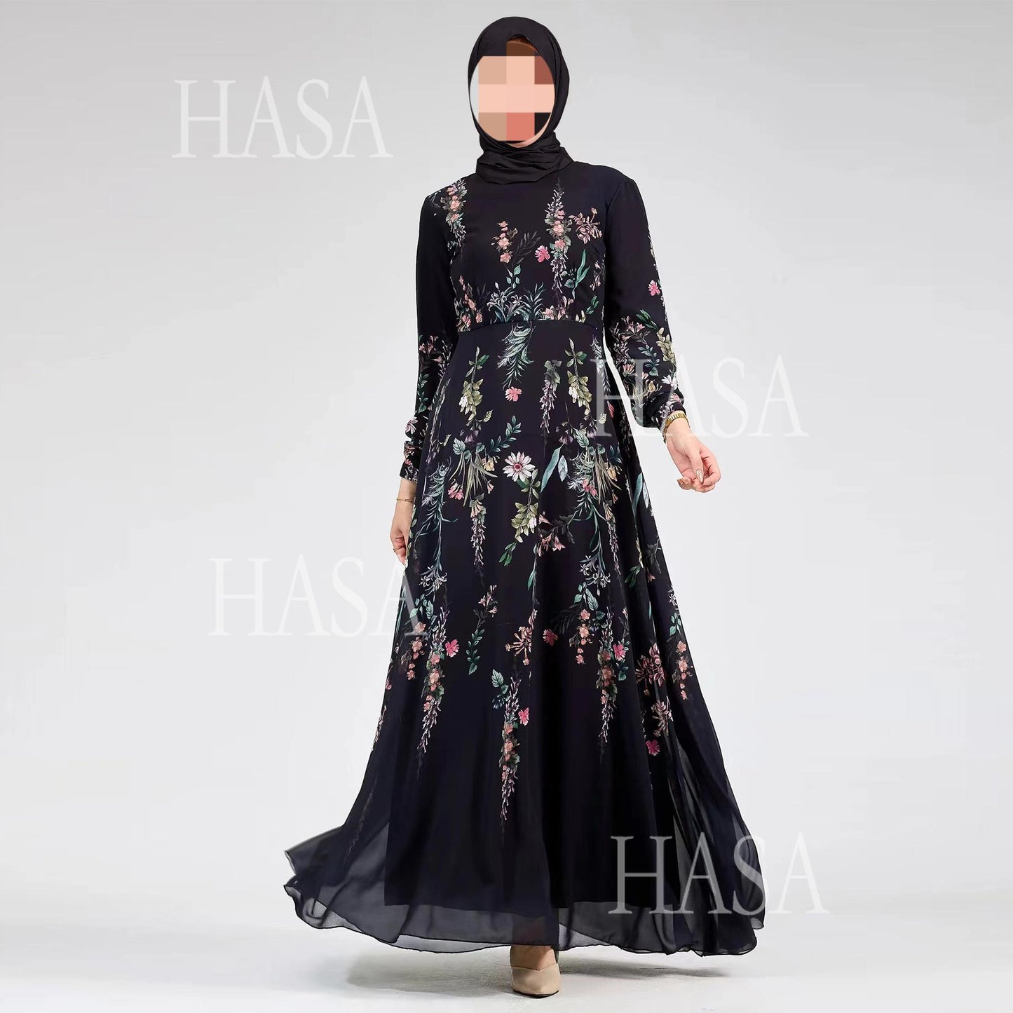 LUMAYA6531 Chiffon Printed Ankle-Length Maxi Dress with Long Sleeves