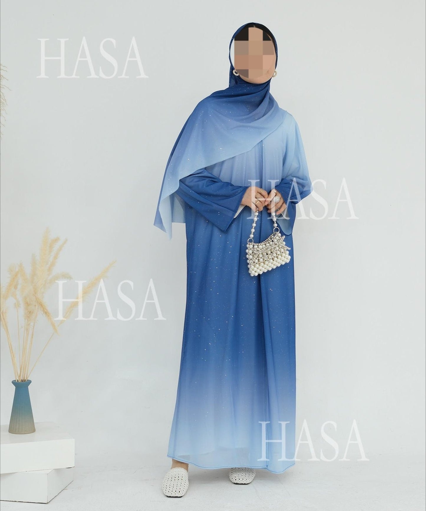 LM6617 Gradient Color Long Cardigan Two-Piece Set (Including Headscarf)