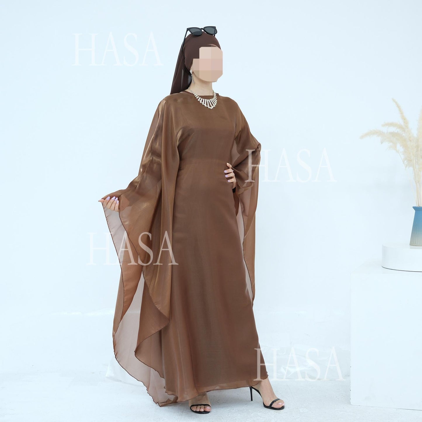 LUMAYA6524 Elegant two-piece solid-color robe and dress with optional headscarf