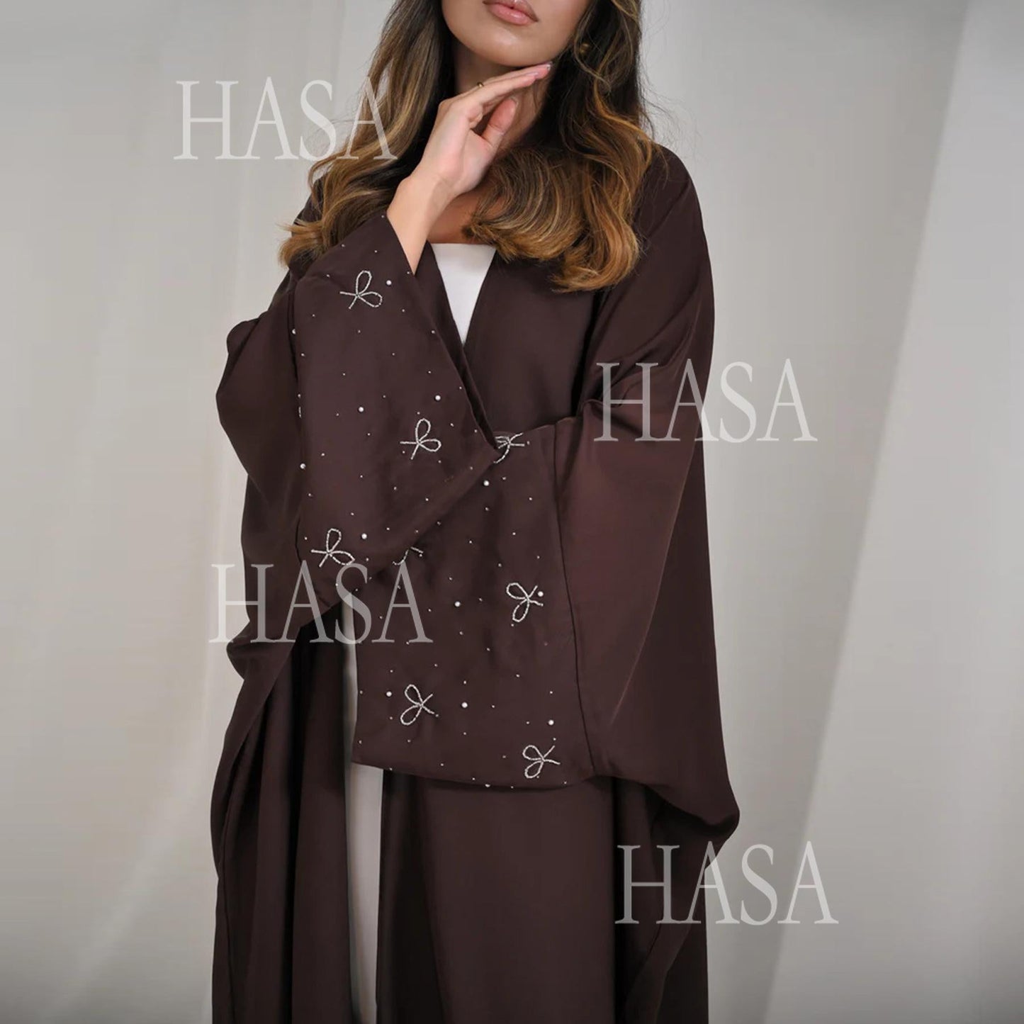 HA6492  Long-sleeved Robe with Bow and Beading