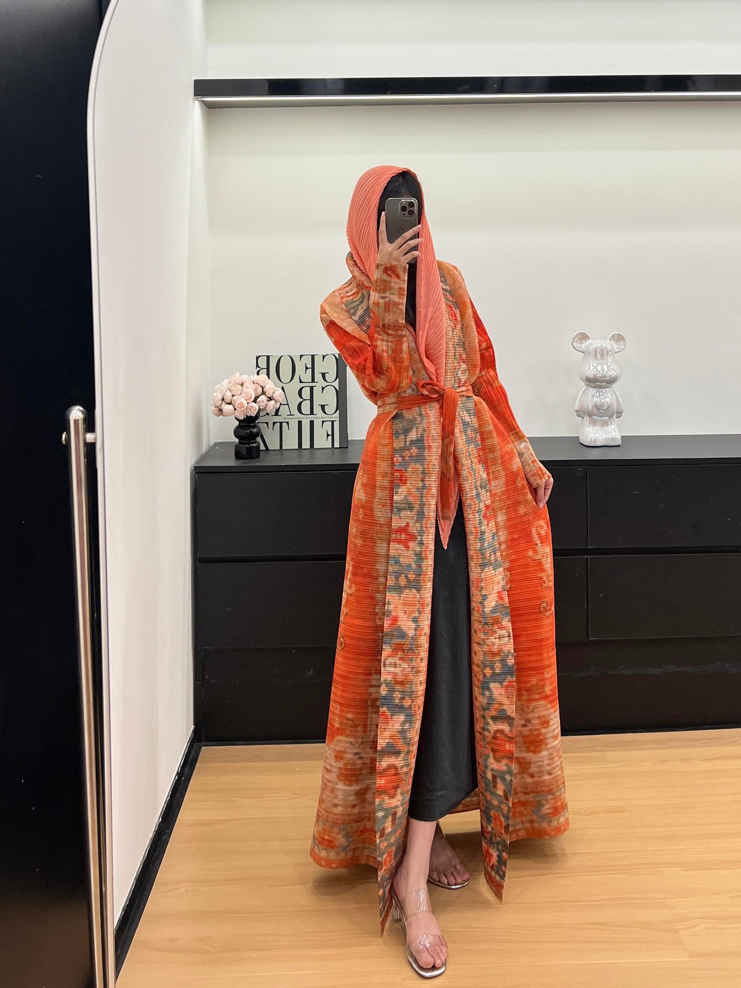LUMAYASASERIES LUMAYA6714 Desert Bloom Vibrant Orange Abaya with Floral Prints