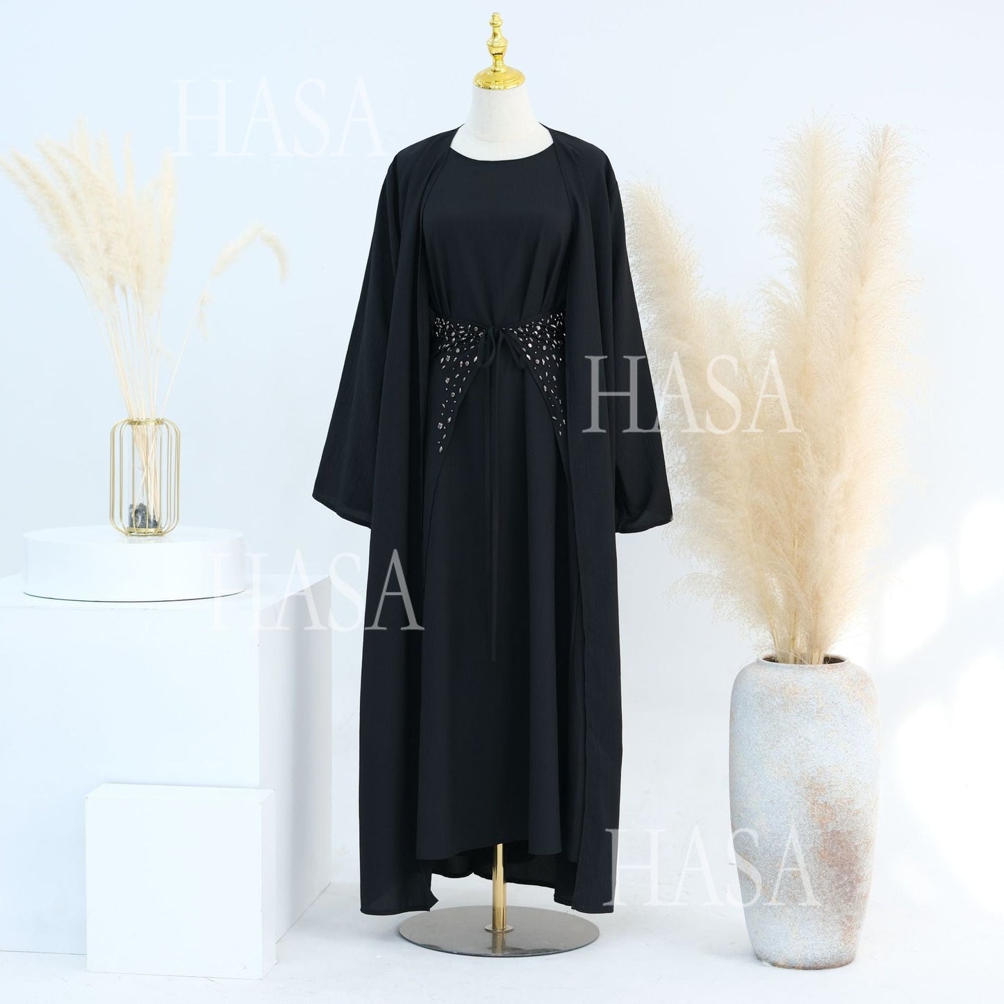 LM6578 Women's Solid Color Three-piece Robe Set (long Skirt + Skirt + Cardigan Jacket)