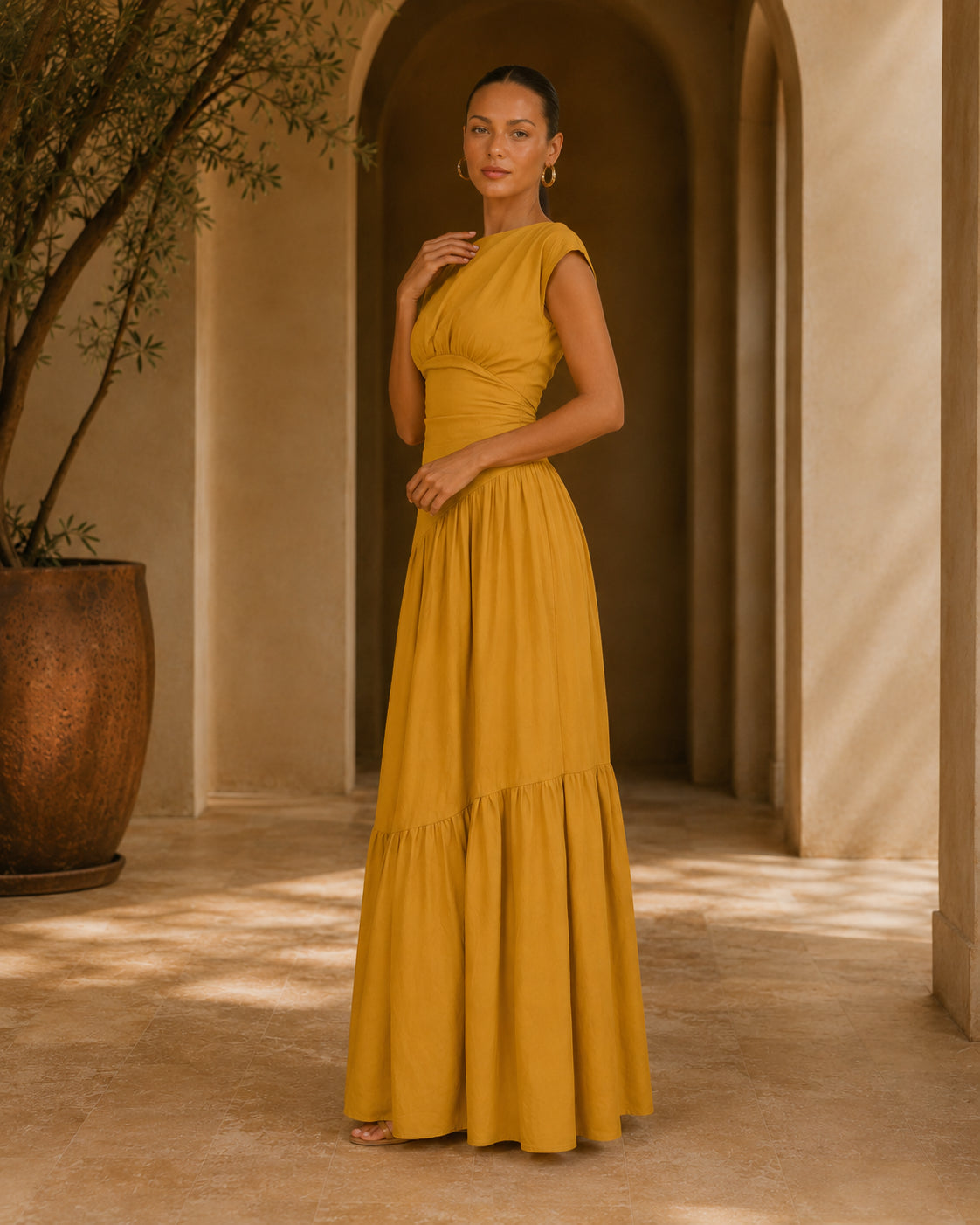 LM1641 Women's Sleeveless Pleated Loose Fit Maxi Dress