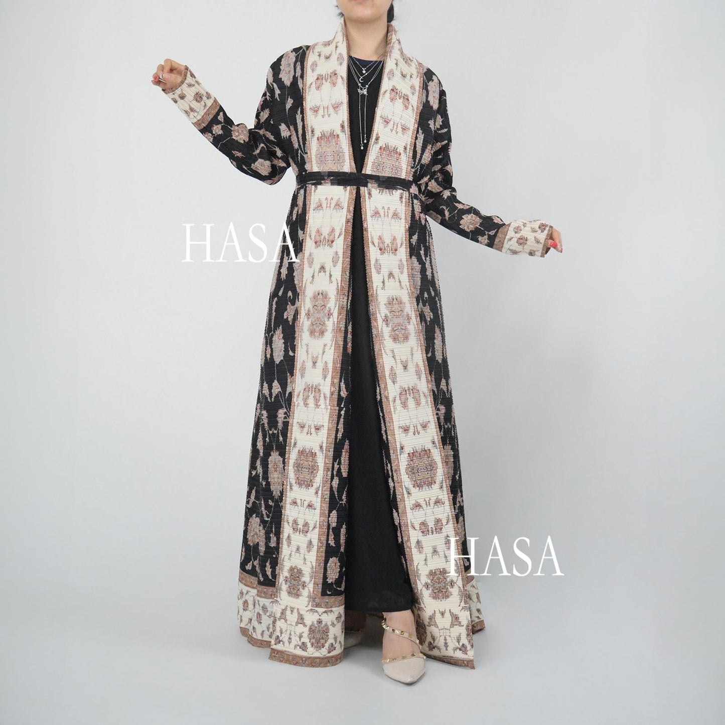 LUMAYA5846 Color-blocked Placket Printed Open-front Long Coat