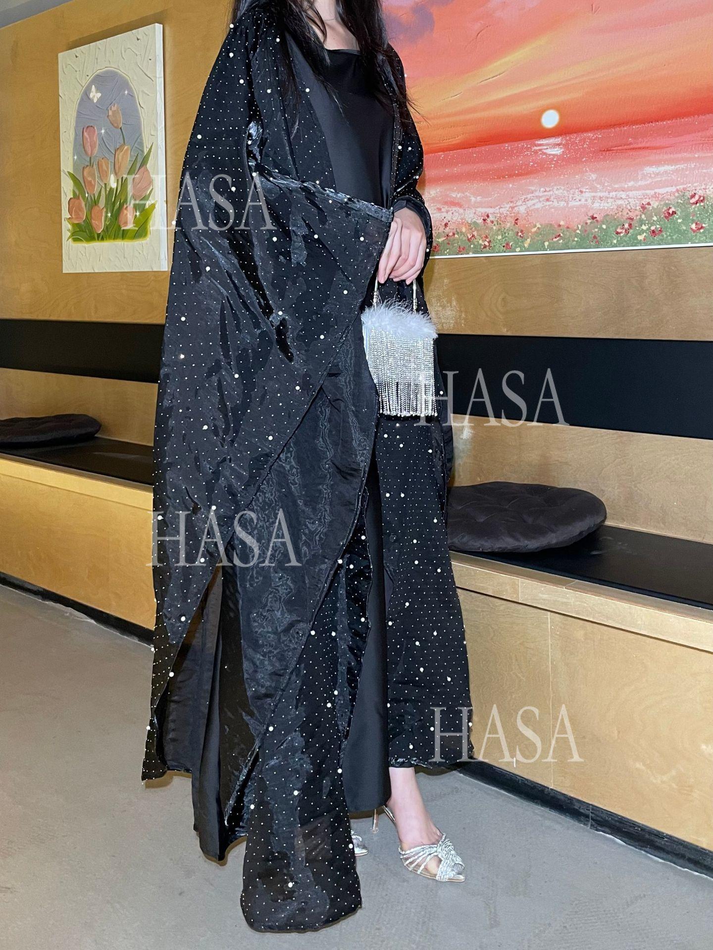LUMAYA6540 Elegant Rhinestone Abaya Two-Piece Set with Outer Cape
