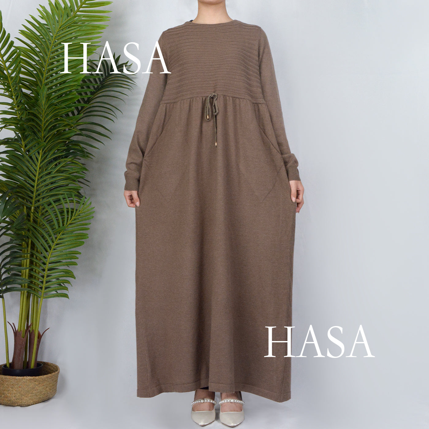 LUMAYA0119 knitted long dress with waist belt and pockets autumn and winter
