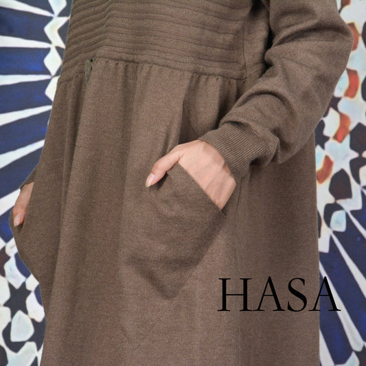 HAYA0119 knitted long dress with waist belt and pockets autumn and winter