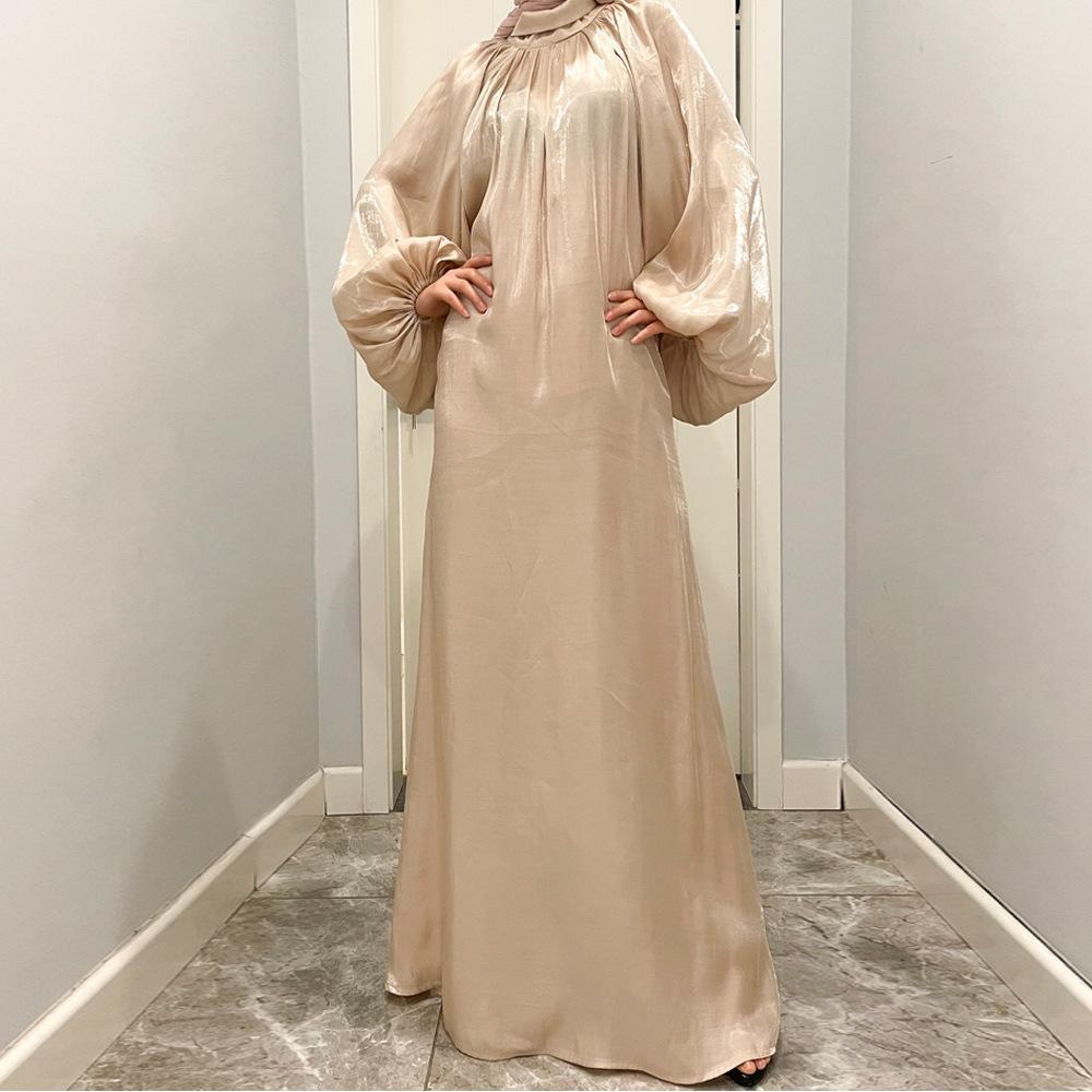 #HAYA10043  S-2XL  Large lantern sleeves Long bright silk dress Stand up collar Back tie Women's dress