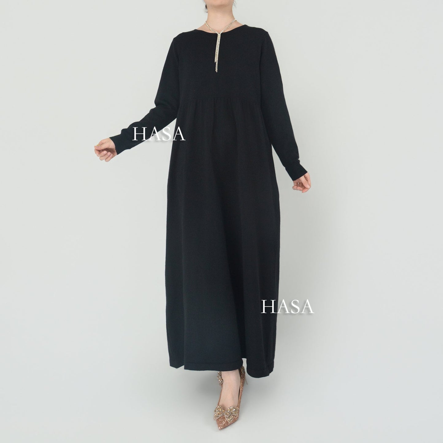 LUMAYA0116 Solid colour knitted long dress in Loose fitting waist