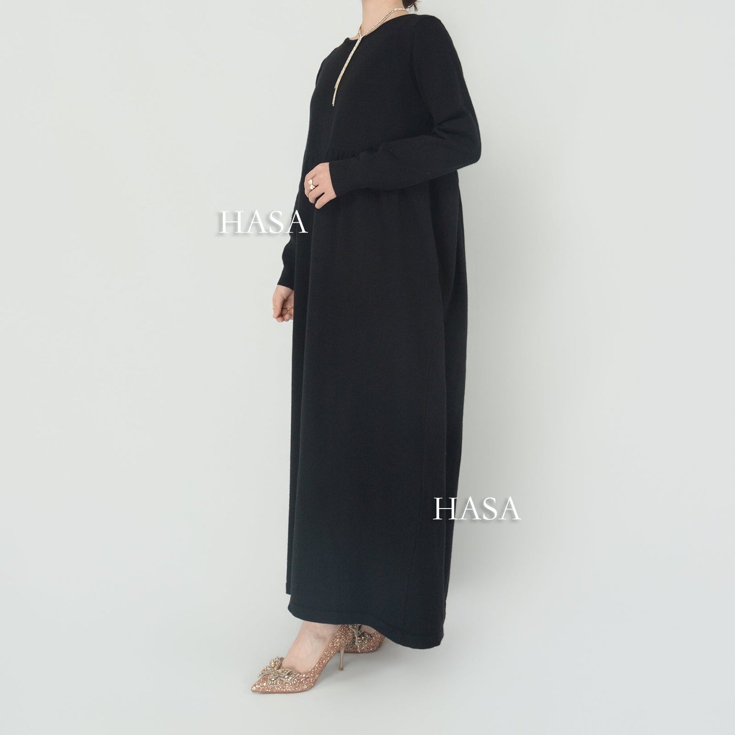 LUMAYA0116 Solid colour knitted long dress in Loose fitting waist