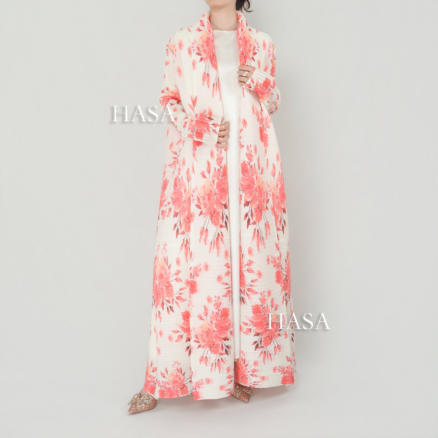 LUMAYA6701 Spring Blooms Burgundy Printed Pleated Abaya Cardigan