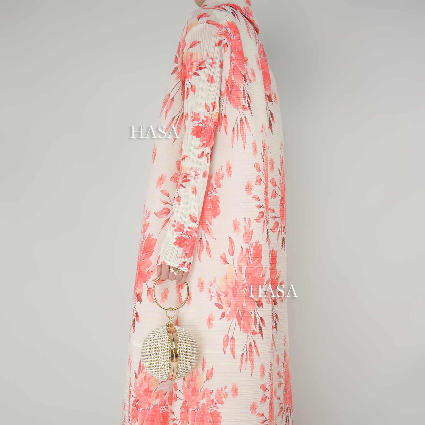 LUMAYA6701 Spring Blooms Burgundy Printed Pleated Abaya Cardigan