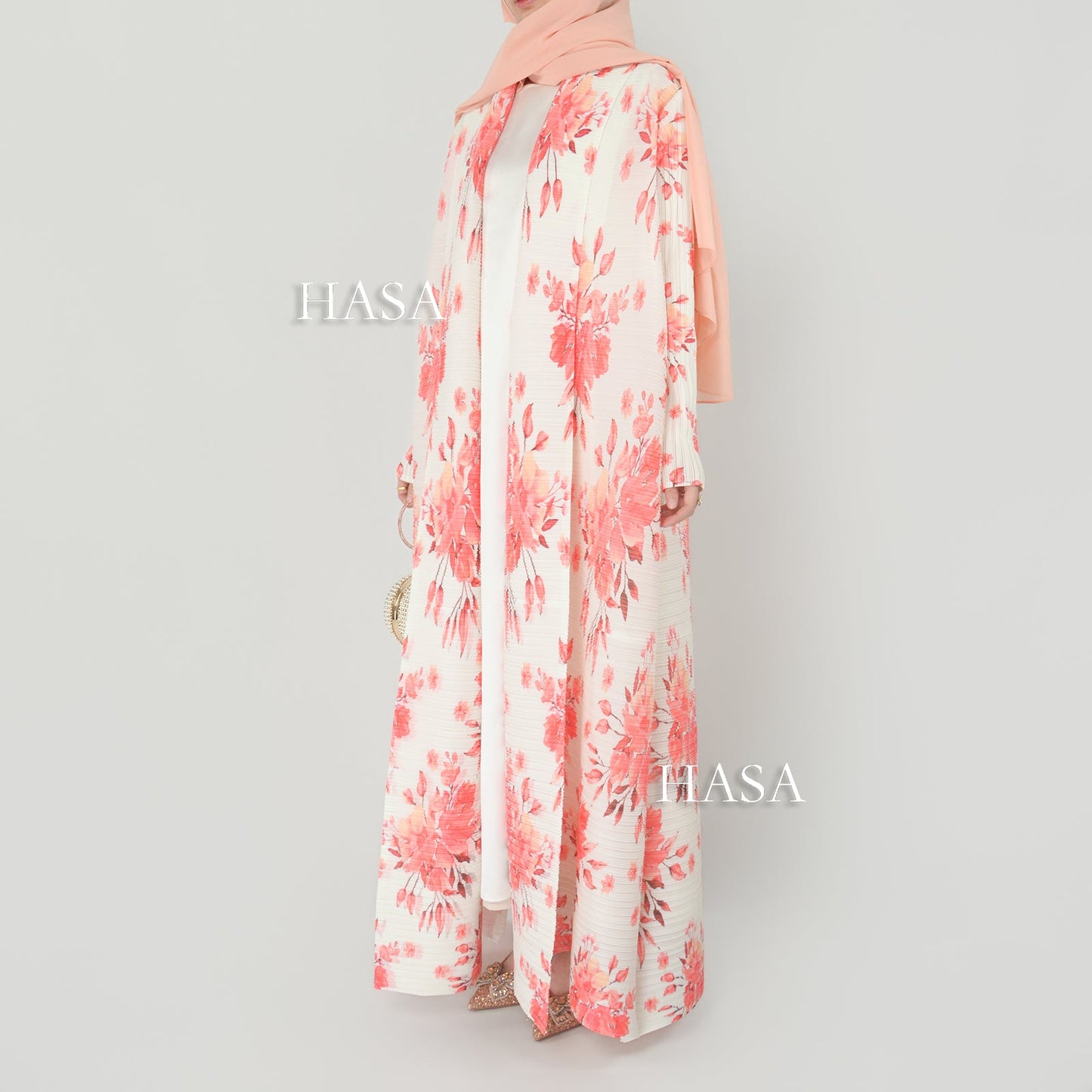 LUMAYA6701 Spring Blooms Burgundy Printed Pleated Abaya Cardigan