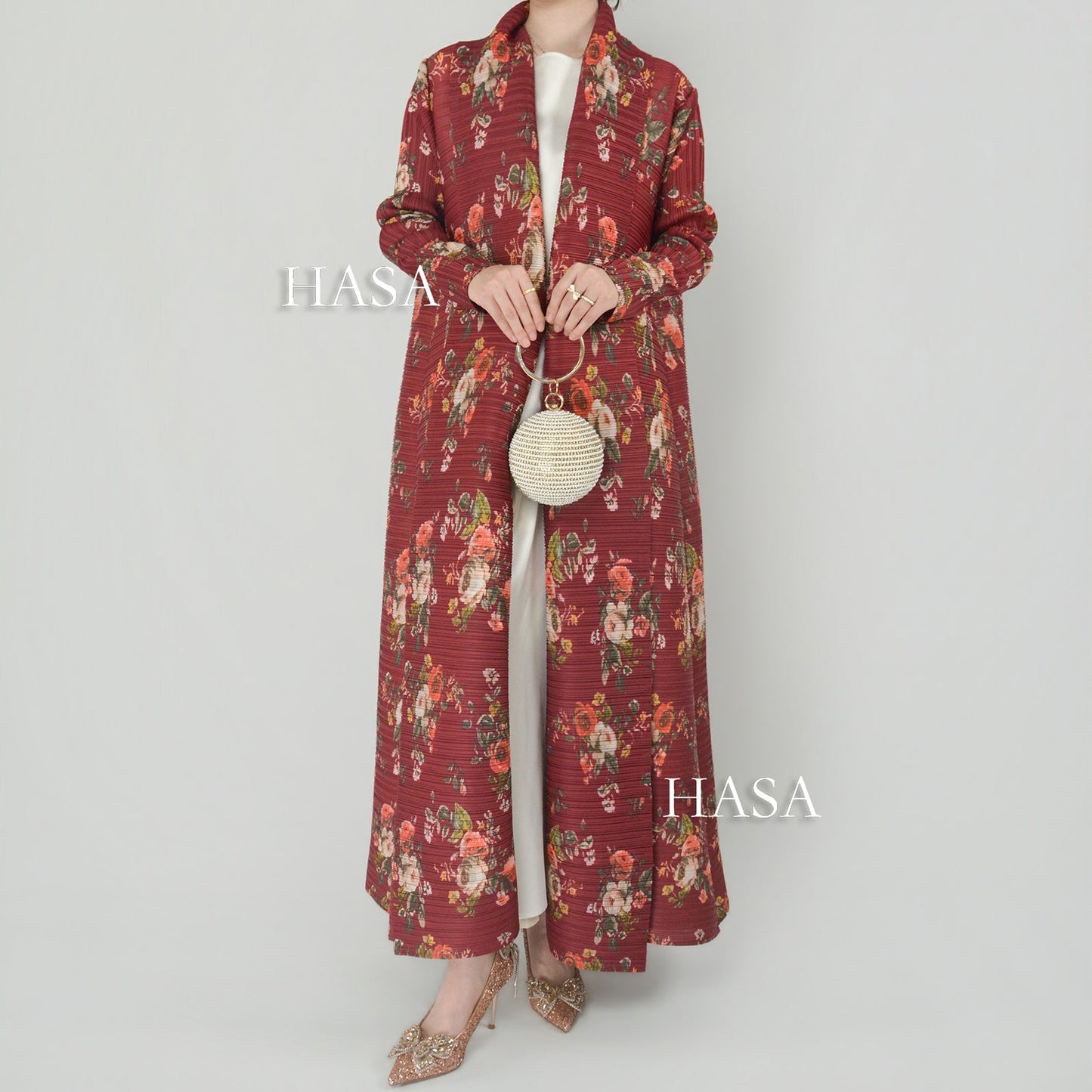 LUMAYA6701 Spring Blooms Burgundy Printed Pleated Abaya Cardigan