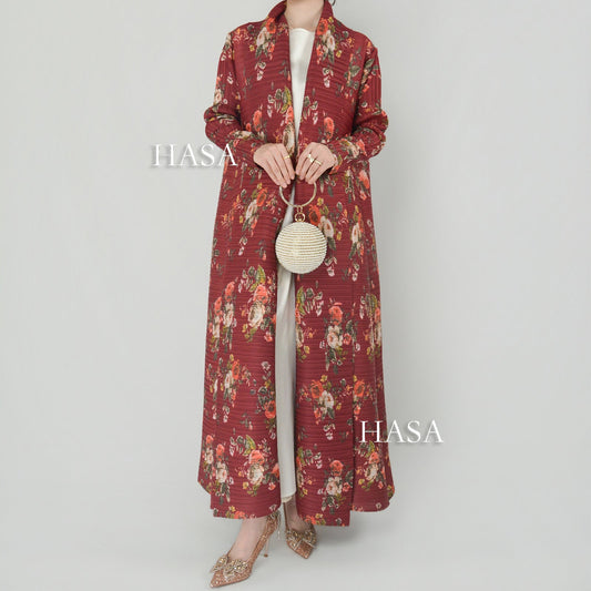 LUMAYA6701 Spring Blooms Burgundy Printed Pleated Abaya Cardigan