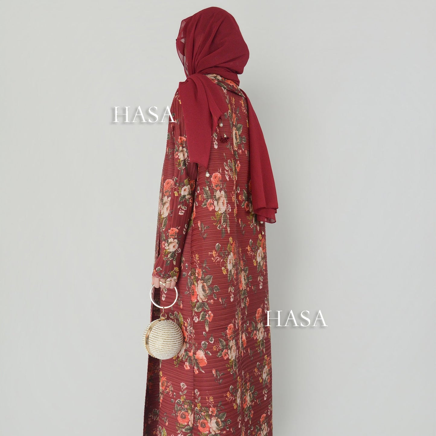 LUMAYA6701 Spring Blooms Burgundy Printed Pleated Abaya Cardigan