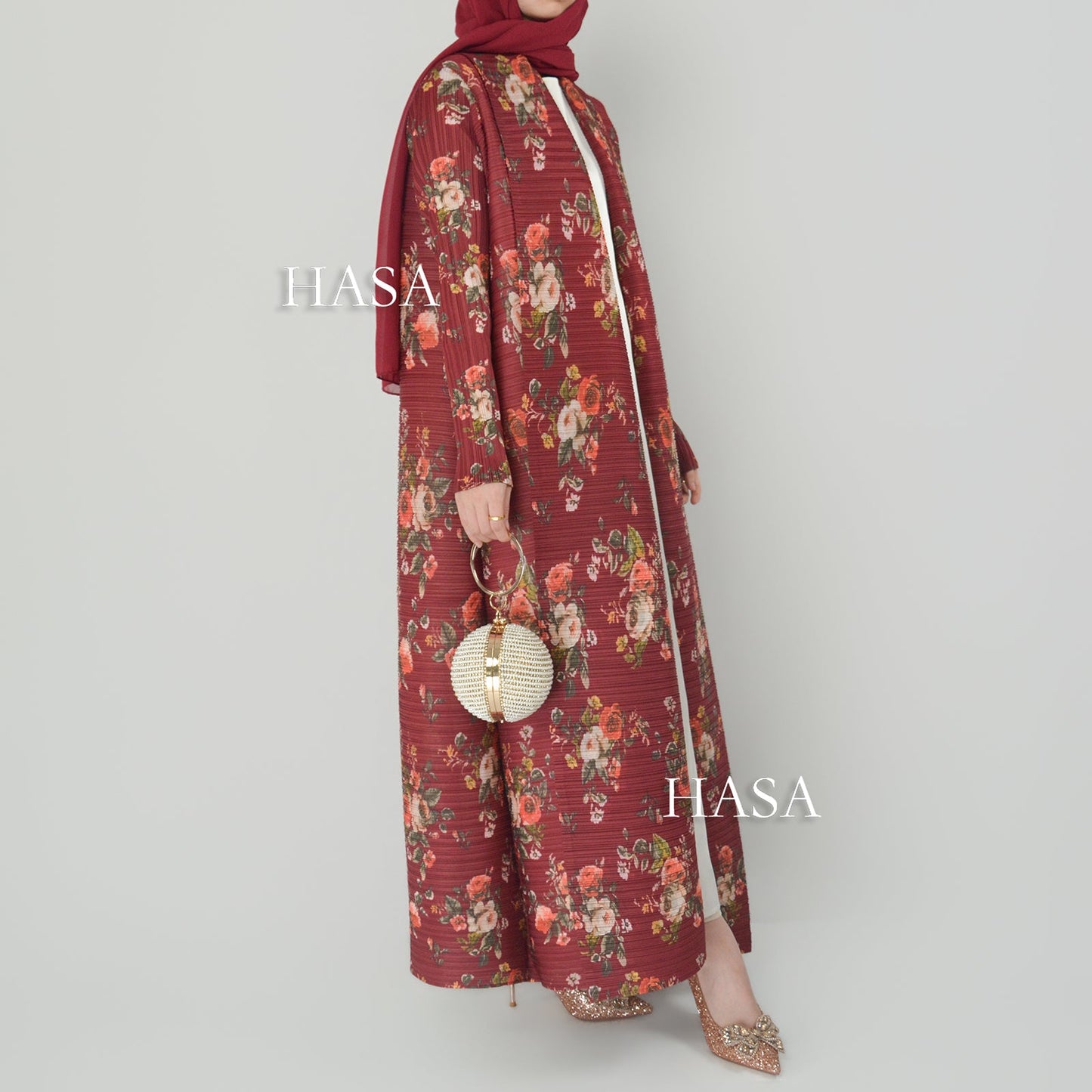 LUMAYA6701 Spring Blooms Burgundy Printed Pleated Abaya Cardigan