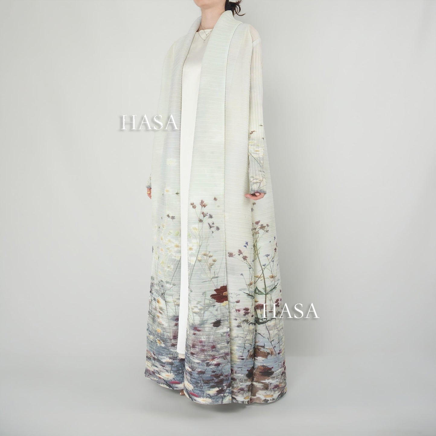 LUMAYA6701 Spring Blooms Burgundy Printed Pleated Abaya Cardigan