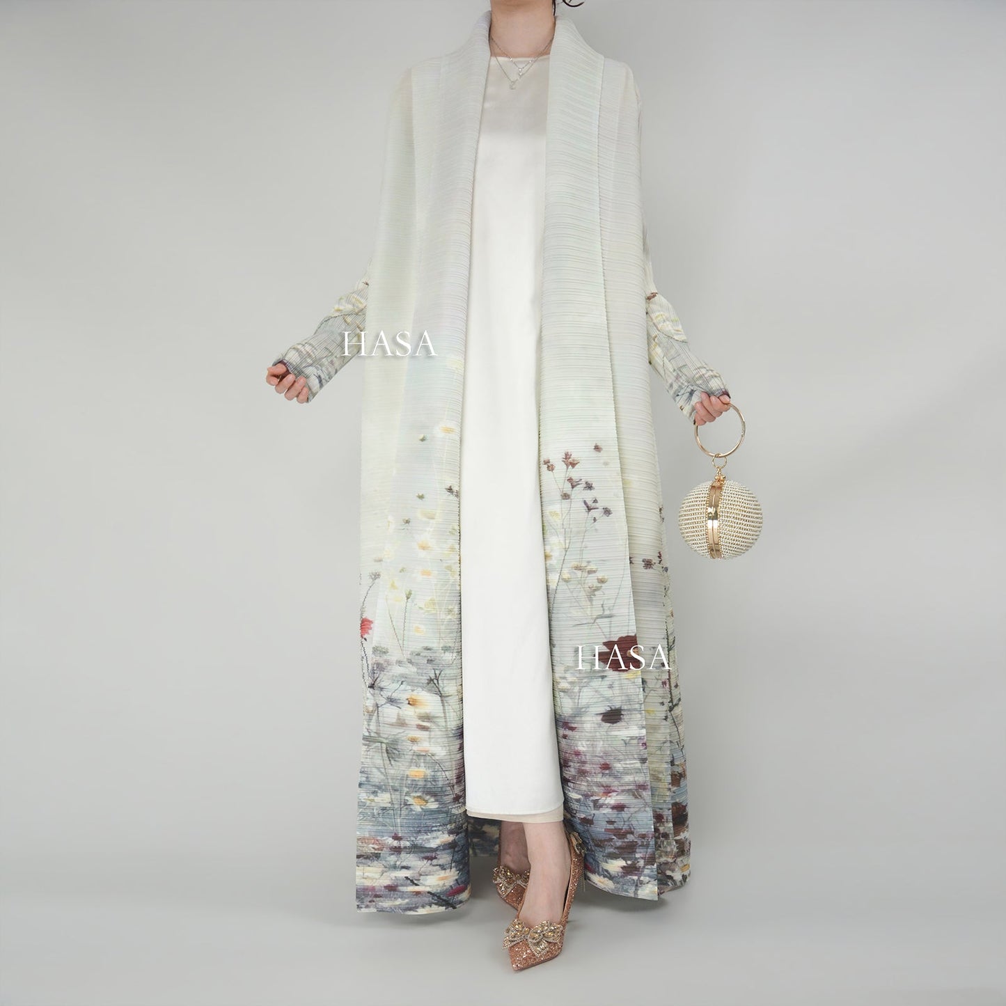 LUMAYA6701 Spring Blooms Burgundy Printed Pleated Abaya Cardigan