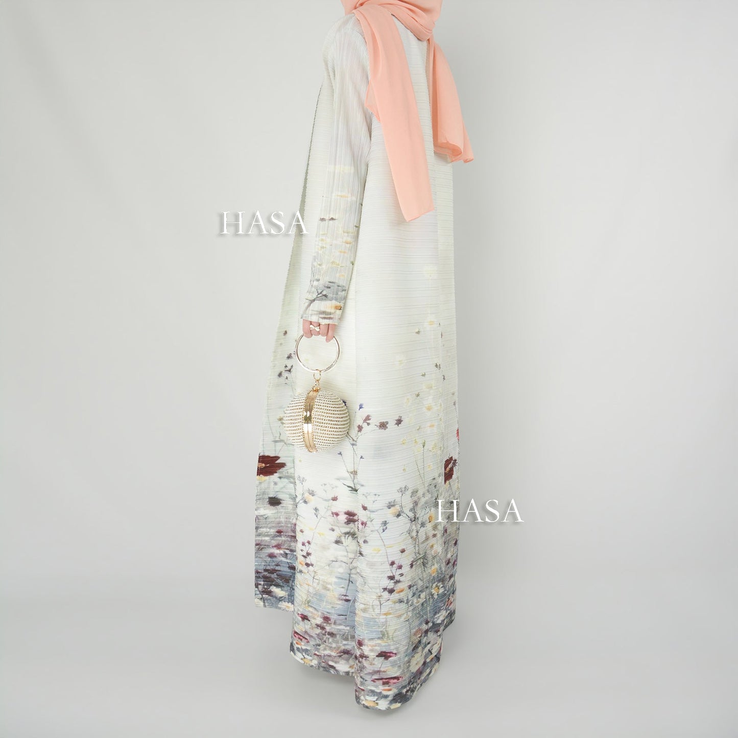 LUMAYA6701 Spring Blooms Burgundy Printed Pleated Abaya Cardigan