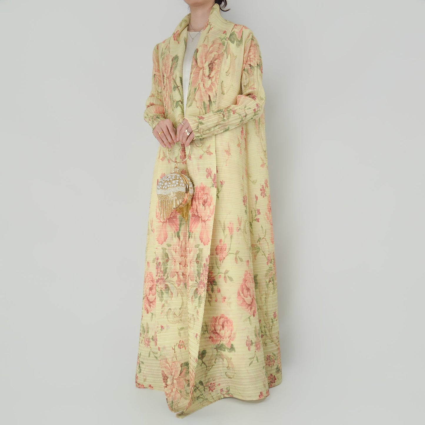 LUMAYA6701 Spring Blooms Burgundy Printed Pleated Abaya Cardigan