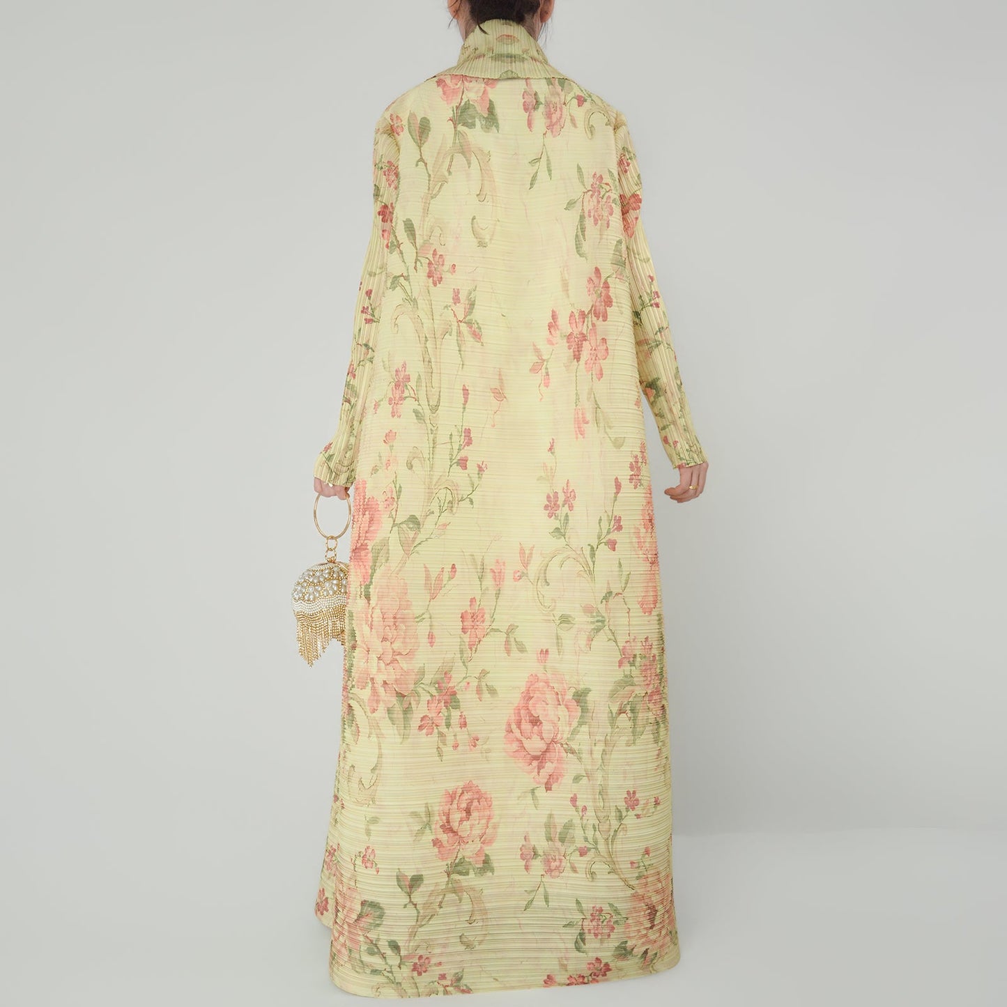 LUMAYA6701 Spring Blooms Burgundy Printed Pleated Abaya Cardigan